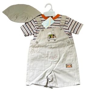 A Little Angel Khaki Overalls With Bucket Hat & Stripes Undershirt
